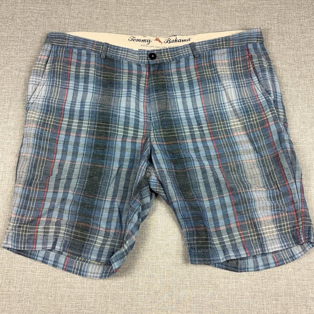 Tommy Bahama Shorts Mens 40 Blue Linen Lyocell Plaid Chino 10 Inseam Casual